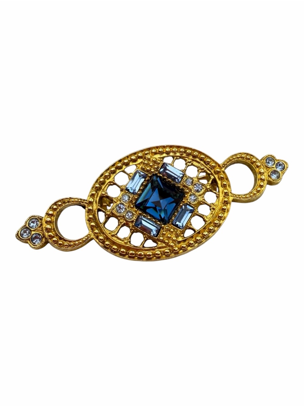 Vintage Blue Rhinestone Gold Tone Openwork Brooch Statement Pin 2”